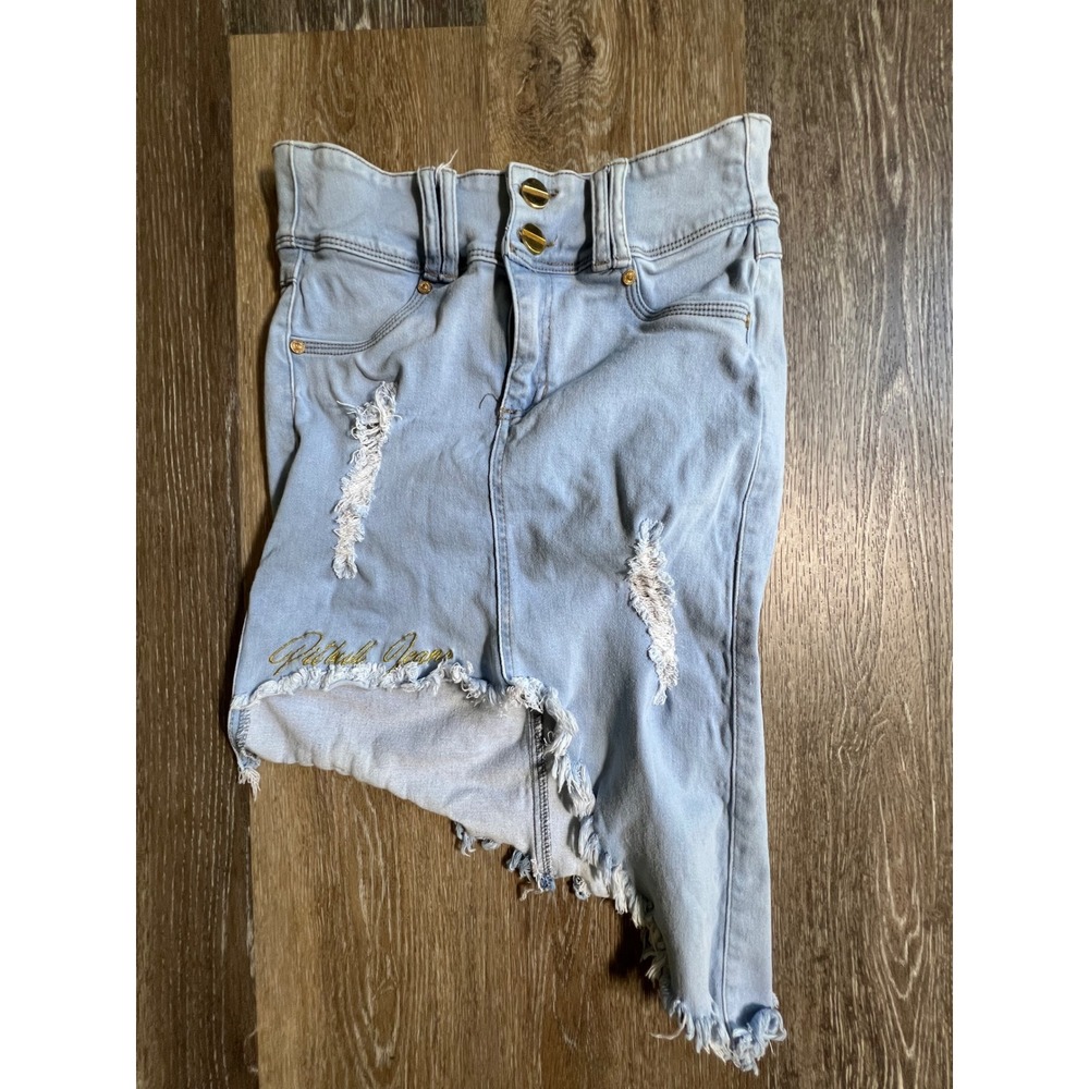 Pitbull Jeans Denim Skirt Womens Size 5 Light Blue Asymmetrical Distressed